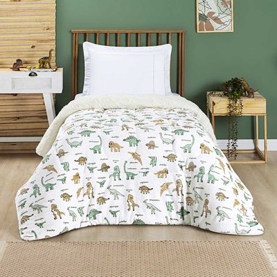 Coberdrom Cobertor Lutti Solteiro Quarto Cama Infantiil Sherpa Manta Toque Lã de Carneiro Dinossauro Verde