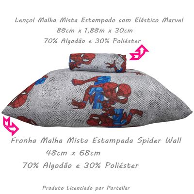 Jogo de Lençol KazzaVip Solteiro Malha  Mista 70% Algodão 30% Poliéster Kids Marvel Spider Wall 02 Peças Cinza