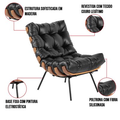 Poltrona Costela Couro Legítimo Preto Base Metálica Preto - D'Rossi