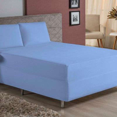 Jogo De Cama Queen Nobre 3 Peças Luva De Box 55cm De Altura Malha 100% Algodão - Azul-bebê