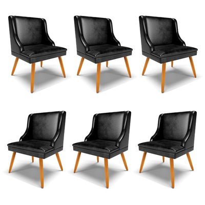 Kit 6 Cadeiras Decorativas Sala de Jantar Pés Palito de Madeira Firenze PU Preto Brilho/Natural G19 - Gran Belo