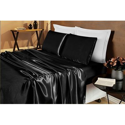 Jogo De Cama Lençol Cetim Casal Romantic 04 Peças - Preto