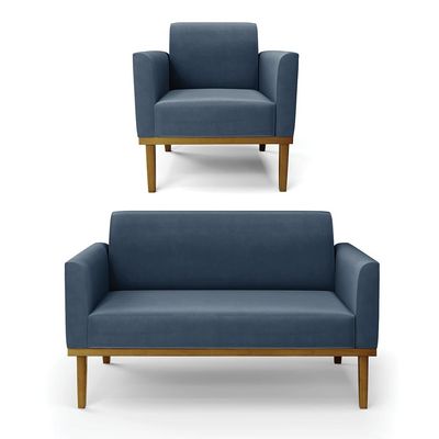 Conjunto Poltrona e Namoradeira Decorativa Isabella Pés Fixo em Madeira Castanho Suede Azul Marinho G19 - Gran Belo