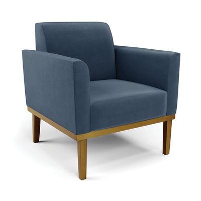 Conjunto Poltrona e Namoradeira Decorativa Isabella Pés Fixo em Madeira Castanho Suede Azul Marinho G19 - Gran Belo