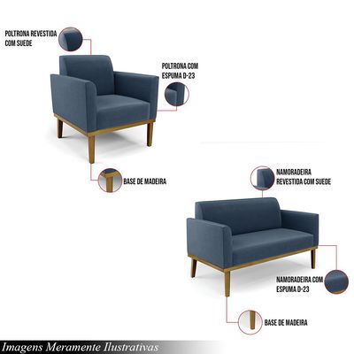 Conjunto Poltrona e Namoradeira Decorativa Isabella Pés Fixo em Madeira Castanho Suede Azul Marinho G19 - Gran Belo