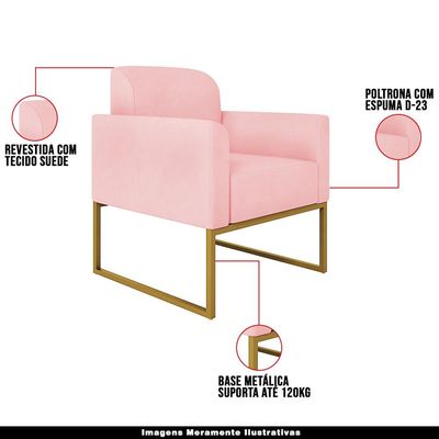 Kit 2 Poltronas Decorativas Isabella Base Industrial Suede Rosa Bebê/Dourado