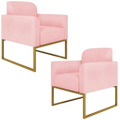 Kit 2 Poltronas Decorativas Isabella Base Industrial Suede Rosa Bebê/Dourado