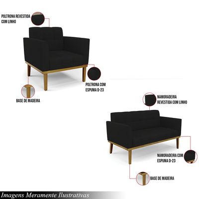 Conjunto 2 Poltronas e 1 Namoradeira Decorativa Karen Pés Fixo em Madeira Castanho Linho Preto G19 - Gran Belo