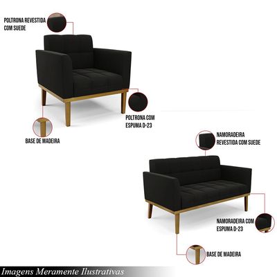 Conjunto Poltrona e Namoradeira Decorativas Karen Pés Fixo em Madeira Castanho Suede Preto G19 - Gran Belo