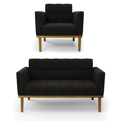 Conjunto Poltrona e Namoradeira Decorativas Karen Pés Fixo em Madeira Castanho Suede Preto G19 - Gran Belo
