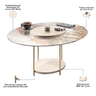 Kit 02 Mesas de Centro Para Sala Redonda Tampo Vidro Pés Aço Allure B01 Off White - Lyam Decor