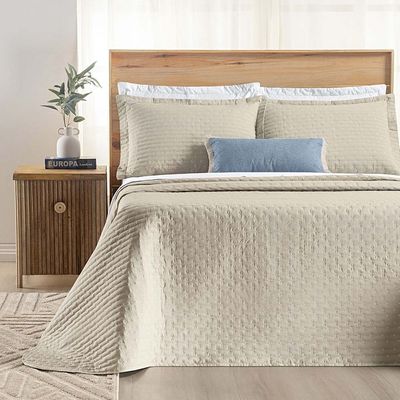 Kit Cobre Leito Colcha Quality Queen 3 Peças Percale 200 Fios Bordado - Cáqui