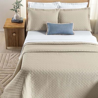 Kit Cobre Leito Colcha Quality Queen 3 Peças Percale 200 Fios Bordado - Cáqui