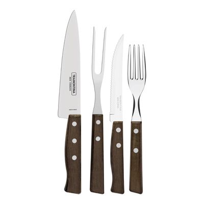 Jogo de Talheres para Churrasco Tramontina em Aço Inox com Cabo de Madeira Natural 14 Peças