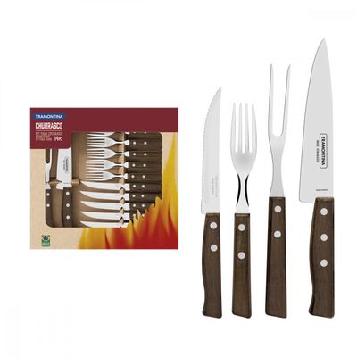 Jogo de Talheres para Churrasco Tramontina em Aço Inox com Cabo de Madeira Natural 14 Peças