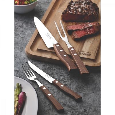 Jogo de Talheres para Churrasco Tramontina em Aço Inox com Cabo de Madeira Natural 14 Peças