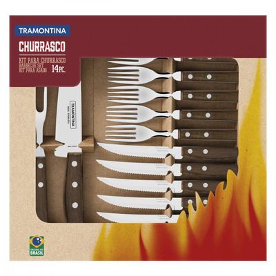 Jogo de Talheres para Churrasco Tramontina em Aço Inox com Cabo de Madeira Natural 14 Peças