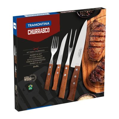 Jogo de Talheres para Churrasco Tramontina em Aço Inox com Cabo de Madeira Natural 14 Peças