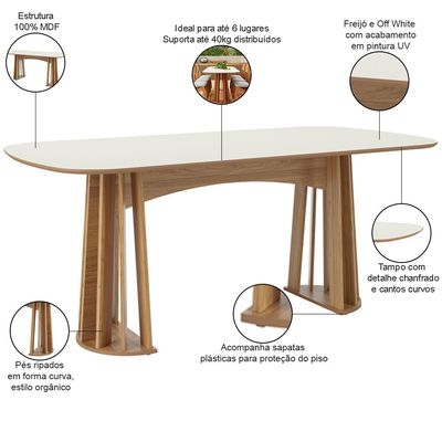 Mesa De Jantar 6 Lugares Pés Ripado Orgânico 180cm Dalí D03 Off White Freijó - Lyam Decor