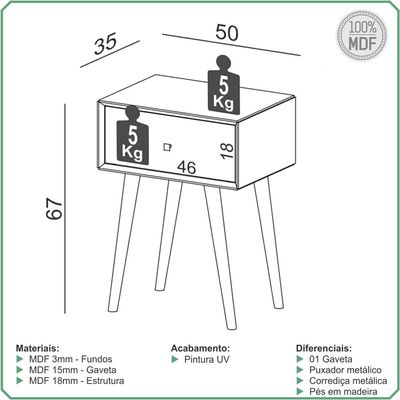 Mesa de Cabeceira 1 Gaveta Pés Palito Kayla D03 Freijó - Lyam Decor