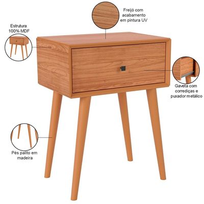 Mesa de Cabeceira 1 Gaveta Pés Palito Kayla D03 Freijó - Lyam Decor