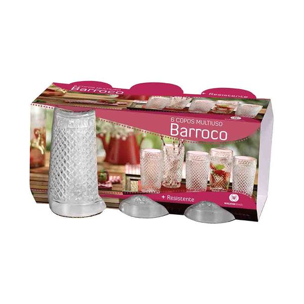 Jogo de Copos Wheaton Barroco em Vidro Quadriculado com 6 Peças 255ml