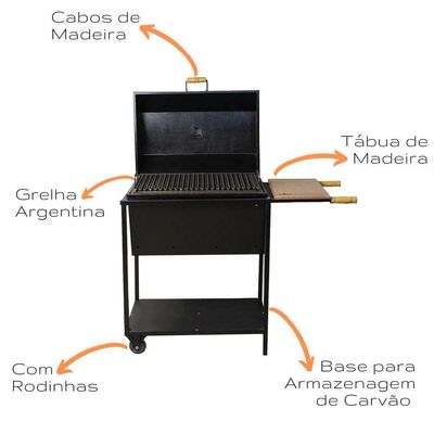 Churrasqueira Parrilla Bafo Grande Com Rodas Brasa Forte Preta
