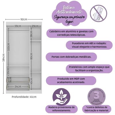 Guarda-roupa Infantil 92cm 3 Portas E 2 Gavetas Encanto Multimóveis Mp4447 Branco Branco