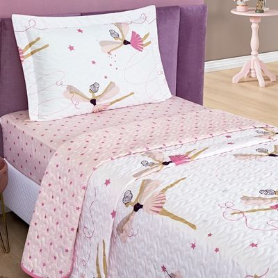 Kit Colcha + Jogo de Cama Bouti Kids Solteiro Infantil 5 Peças 100% Poliéster - Bailarina