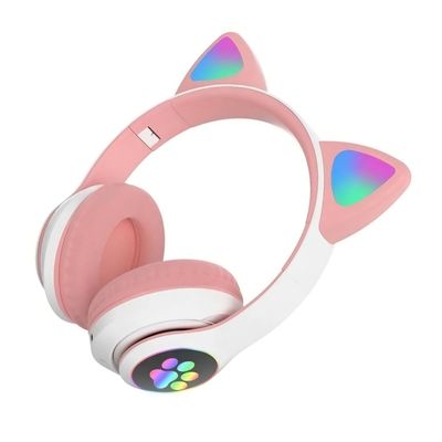 Fone de Ouvido LED Gamer Gatinho Sem Fio Microfone Rosa