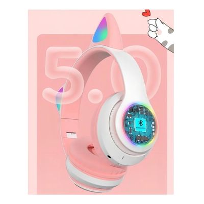 Fone de Ouvido LED Gamer Gatinho Sem Fio Microfone Rosa