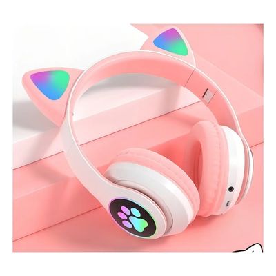 Fone de Ouvido LED Gamer Gatinho Sem Fio Microfone Rosa