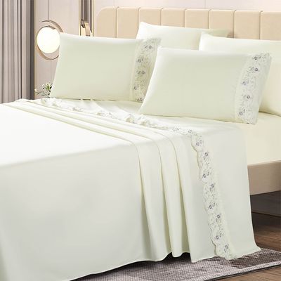 Jogo de Cama Lençol Casal Bordado Acalanto 4 Peças - Palha C - 100% Poliéster