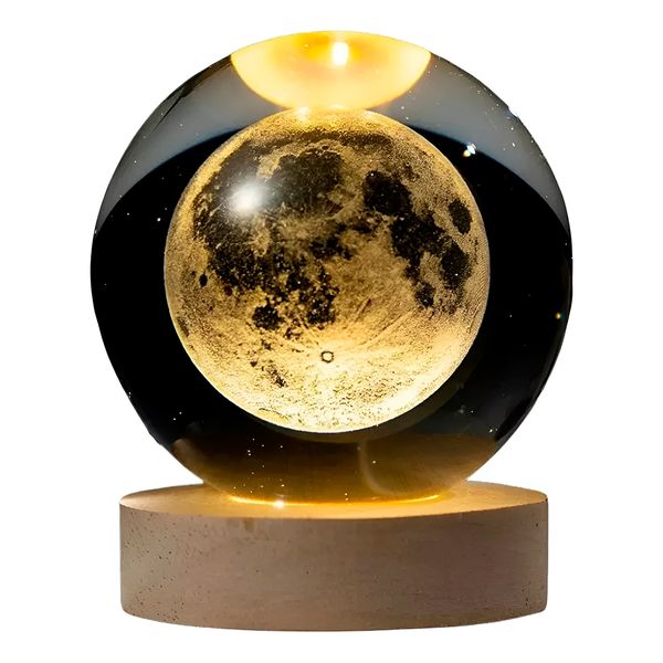 Luminária Galáxia 3D Esfera de Cristal com Madeira