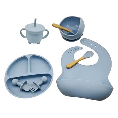 Kit Prato Infantil Silicone Copo Talher Babador Tigela | Seguro, Divertido e Prático para o Seu Bebê Cor:Azul