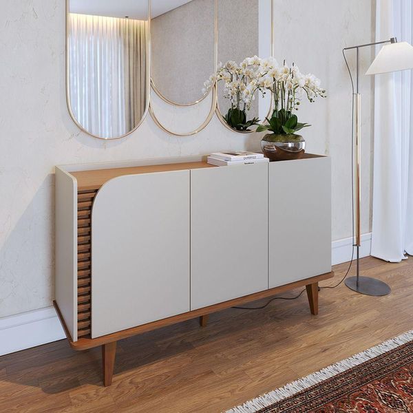 Aparador Buffet Jurere 136cm 3 Portas De Giro - Ssx Multicoisas Cor Off White Matte/freijo