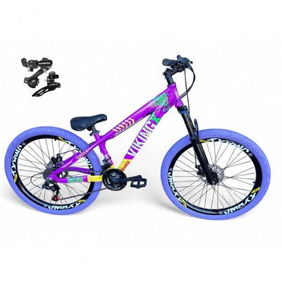 Bicicleta Aro 26 Vikingx Tuff Câmbios Shimano 21v Freeride Freio A Disco Aro Vmaxx Pneu Flame Roxo-amarelo X25