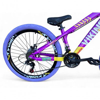 Bicicleta Aro 26 Vikingx Tuff Câmbios Shimano 21v Freeride Freio A Disco Aro Vmaxx Pneu Flame Roxo-amarelo X25