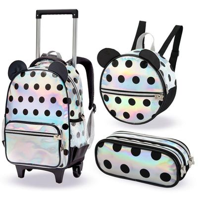 Kit Mochila Rodinhas Lancheira Estojo Bolinha Orelhinhas Prata Holografica Escolar Denlex