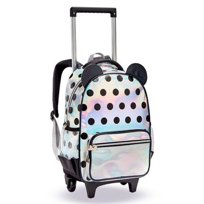 Kit Mochila Rodinhas Lancheira Estojo Bolinha Orelhinhas Prata Holografica Escolar Denlex