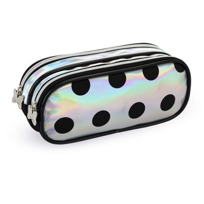 Kit Mochila Rodinhas Lancheira Estojo Bolinha Orelhinhas Prata Holografica Escolar Denlex