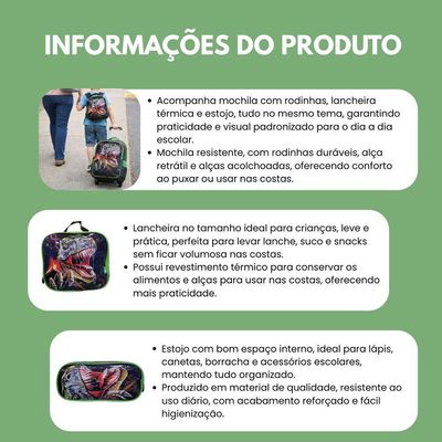 Kit Escolar Mochila + Lancheira + Estojo Reforçada Resistente 17'  Trex Attack Verde Escuro