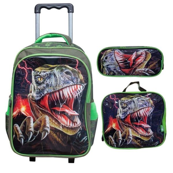 Kit Escolar Mochila + Lancheira + Estojo Reforçada Resistente 17' Trex Attack Verde Escuro