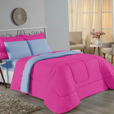 Kit Edredom Dupla Face + Jogo De Lençol Casal Nobre 6 Peças Malha 100% Algodão - Pink / Azul-bebê