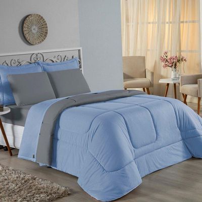 Edredom Solteiro Nobre 1 Peça Dupla Face 1,60m X 2,40m Malha 100% Algodão - Azul-bebê / Cinza