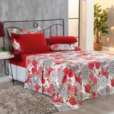 Jogo De Cama Malha Lençol 100% Algodão Primavera 3 Peças Solteiro - Floral Vermelho
