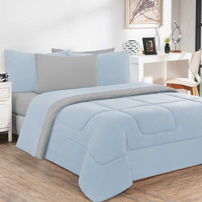 Kit Edredom Malha 100% Algodão Gran Moratta 3 Peças Casal - Azul Bebê/Cinza