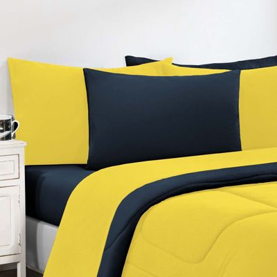 Kit Edredom Malha 100% Algodão Gran Moratta 3 Peças King - Amarelo/Azul Marinho