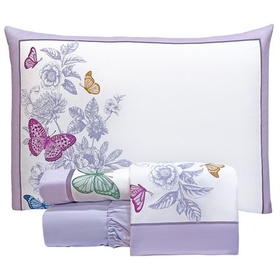 Jogo de Cama Lençol King Bouquet Percal 300 Fios 4 Peças - Lilás  - 100% Poliéster