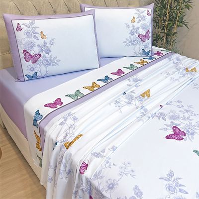 Jogo de Cama Lençol King Bouquet Percal 300 Fios 4 Peças - Lilás  - 100% Poliéster